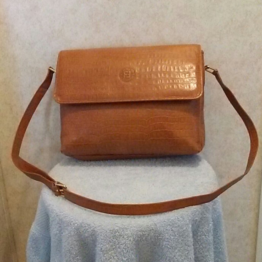 Fendi Vintage Authentic Crocs Embossed Tan Leather Crossbody Bag.